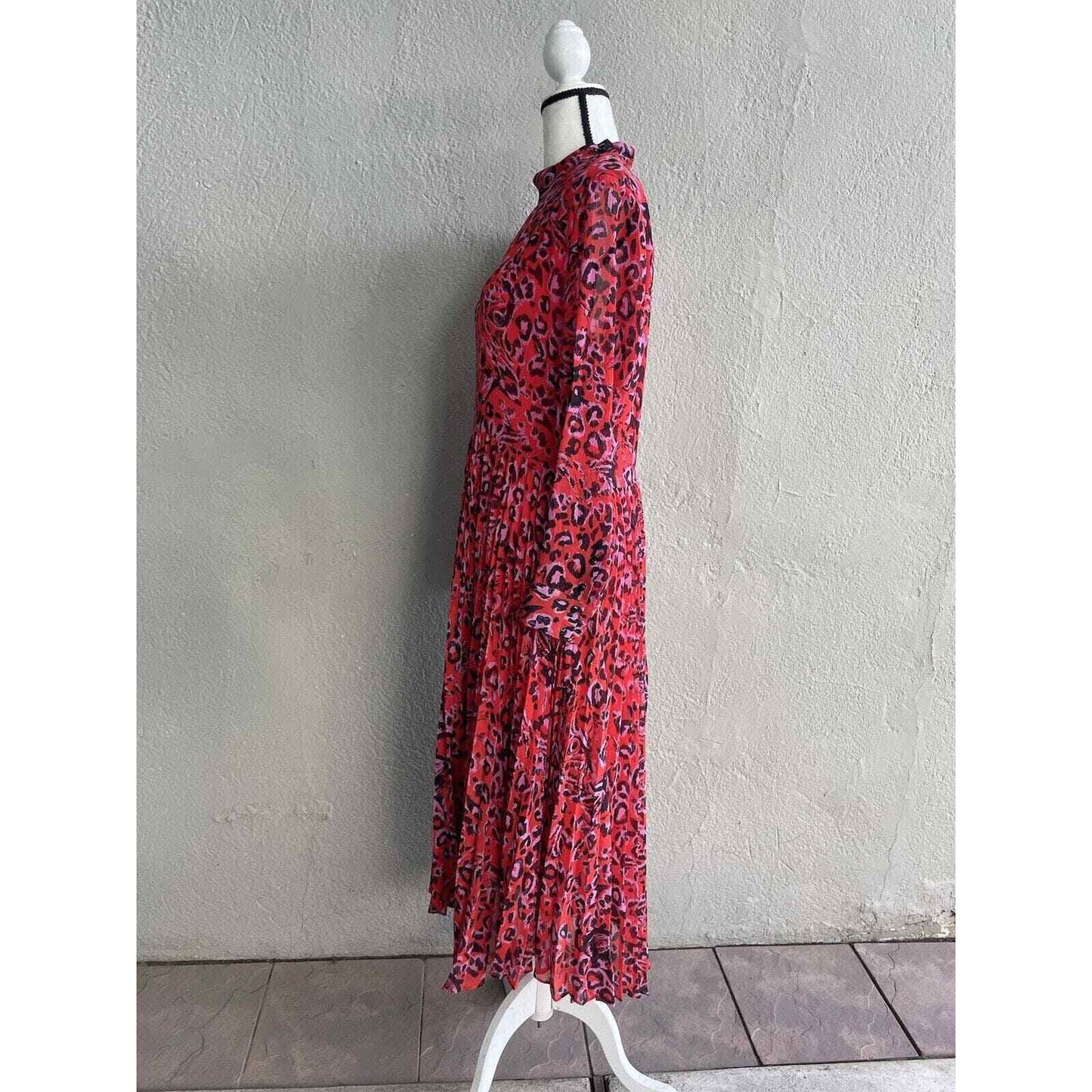 Whistles Red Jungle Cat Dress size 10 Pleated Midi ASO Leopard Fit Flare