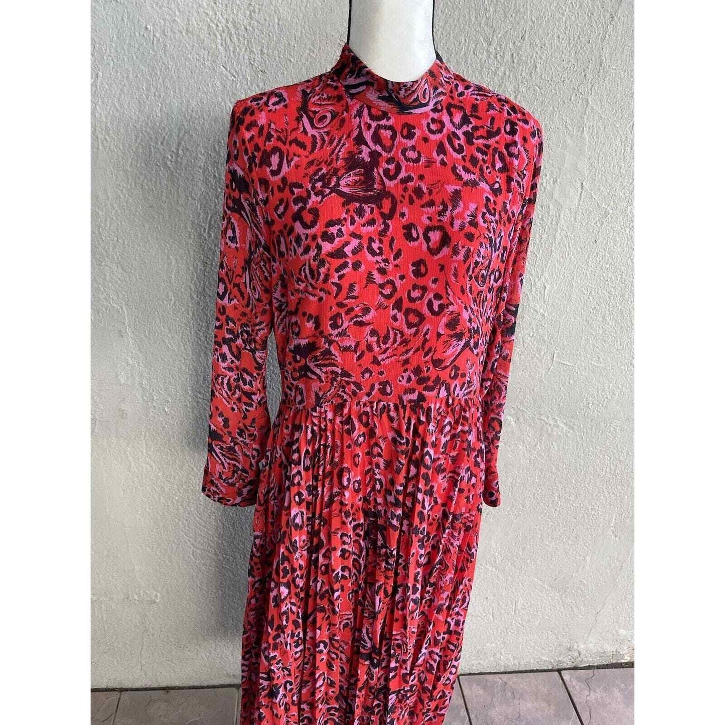 Whistles Red Jungle Cat Dress size 10 Pleated Midi ASO Leopard Fit Flare