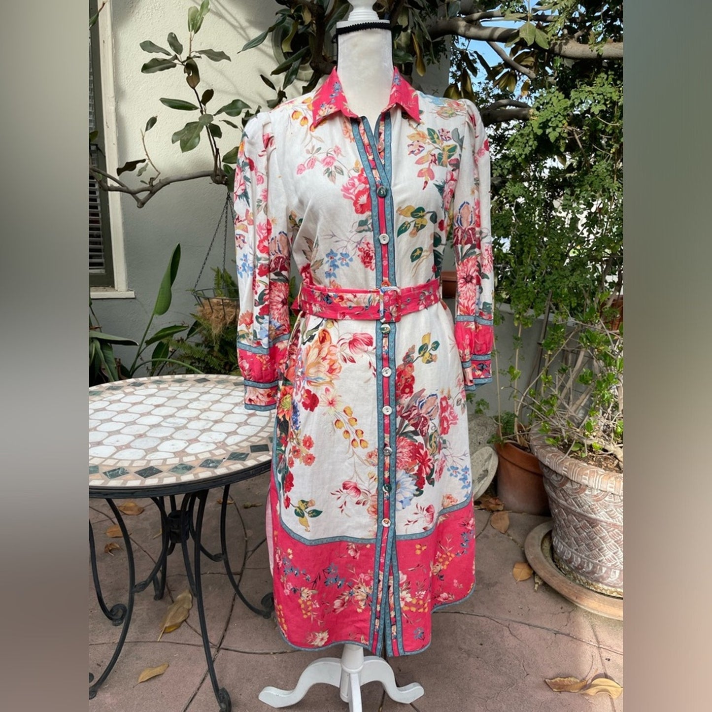 Dalia Macphee long sleeve floral shirt with belt dress size Small