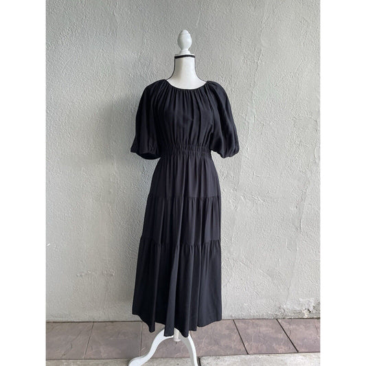 Moon River Black Puff Sleeve Ruffle Midi Dress Small