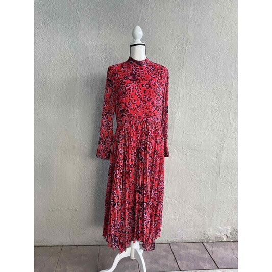 Whistles Red Jungle Cat Dress size 10 Pleated Midi ASO Leopard Fit Flare