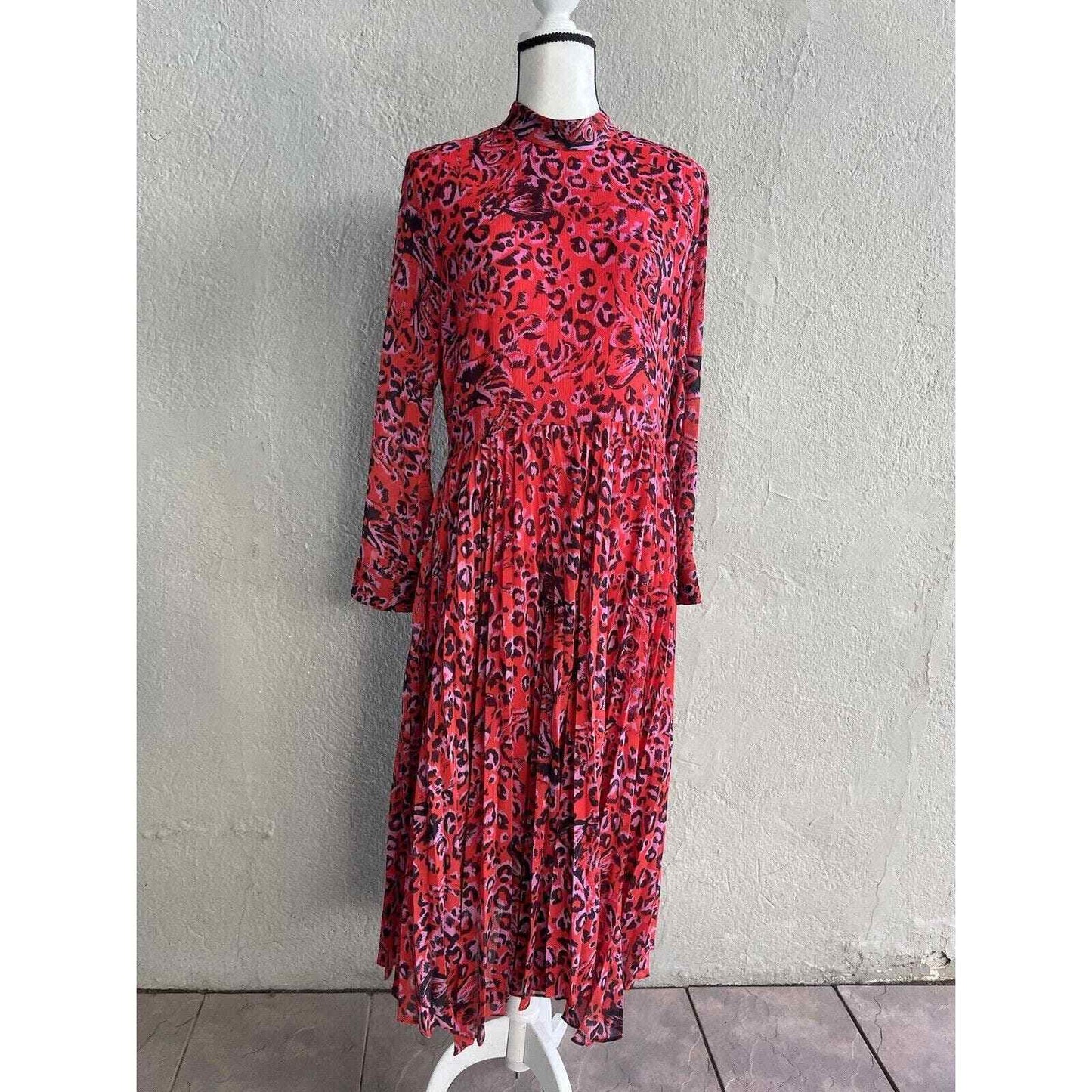 Whistles Red Jungle Cat Dress size 10 Pleated Midi ASO Leopard Fit Flare