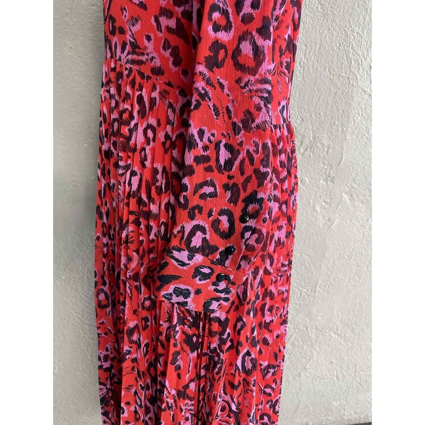 Whistles Red Jungle Cat Dress size 10 Pleated Midi ASO Leopard Fit Flare