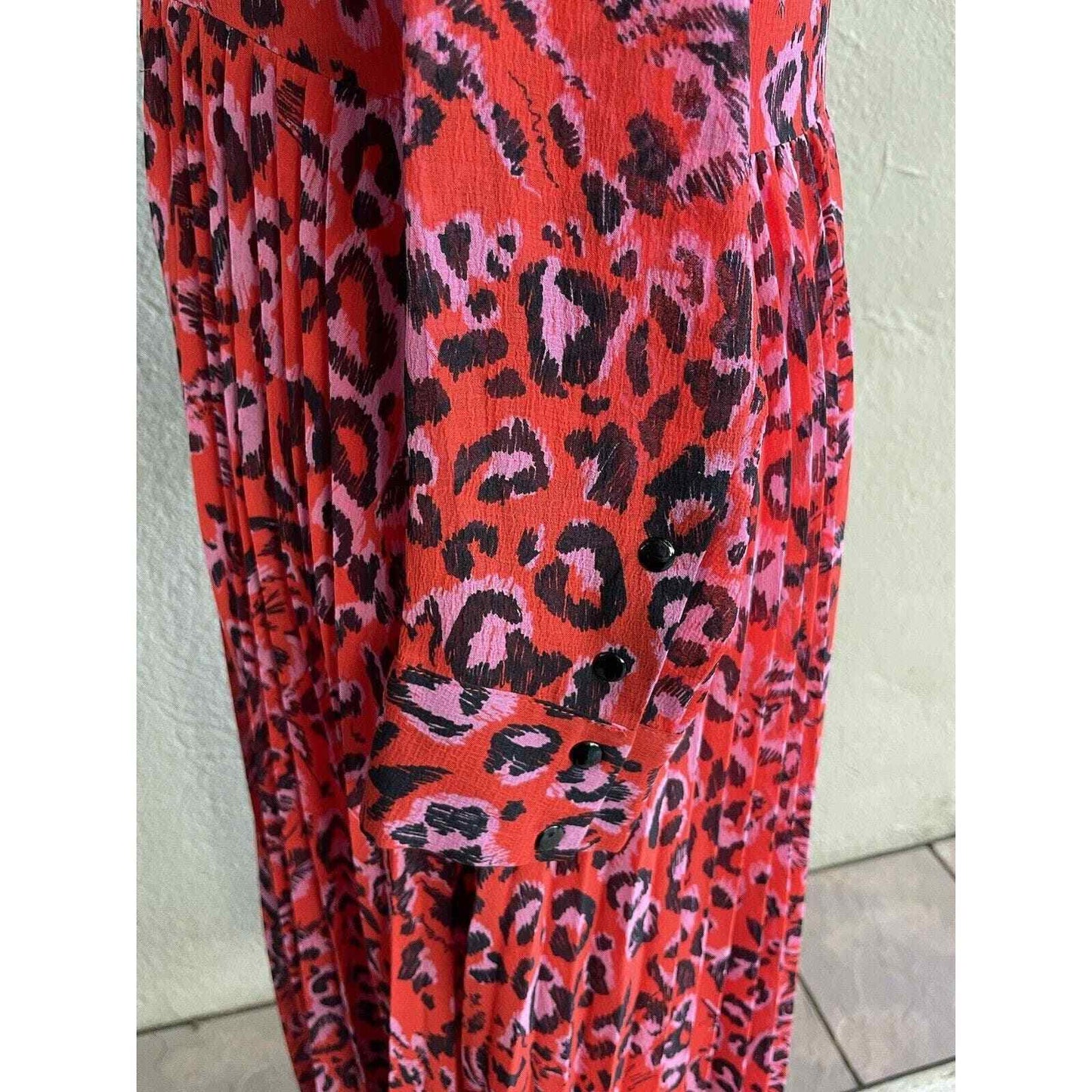 Whistles Red Jungle Cat Dress size 10 Pleated Midi ASO Leopard Fit Flare