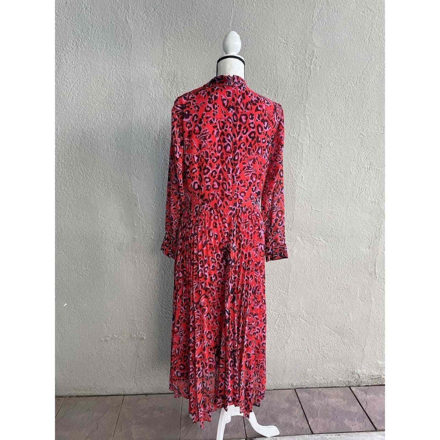 Whistles Red Jungle Cat Dress size 10 Pleated Midi ASO Leopard Fit Flare